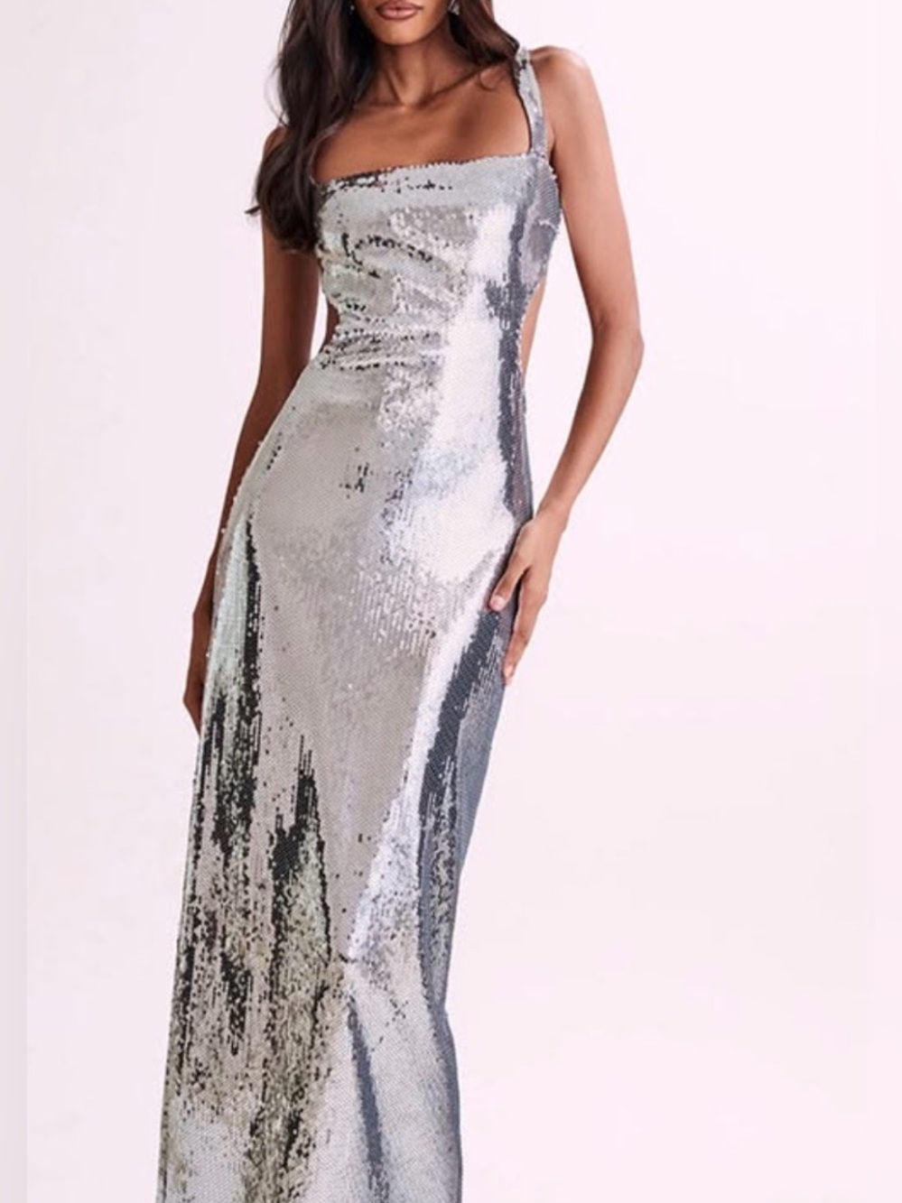 Silver Sequin Cutout Backless Dress
